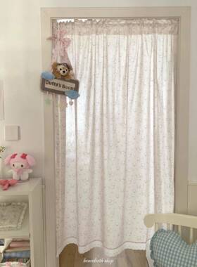 henceforth粉色猫咪印花蕾丝门帘家居卧室窗帘装饰背景布原创授权