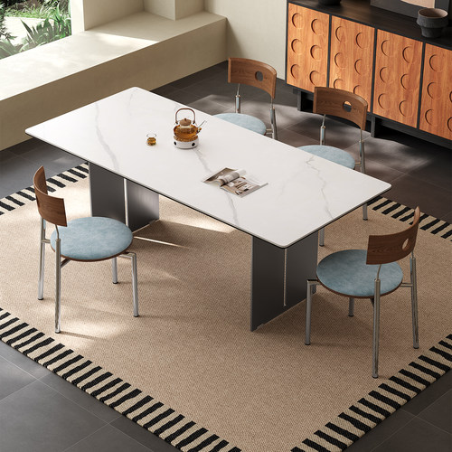 北欧不锈钢德利丰岩板餐桌椅组合小户型纯白意式极简岩板吃饭桌椅