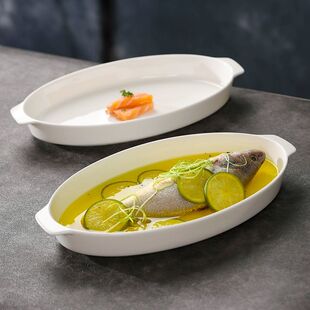 纯白唐山骨瓷骨瓷鱼盘家用双耳蒸鱼盘清蒸鱼10寸鱼盘小号鱼盘带把