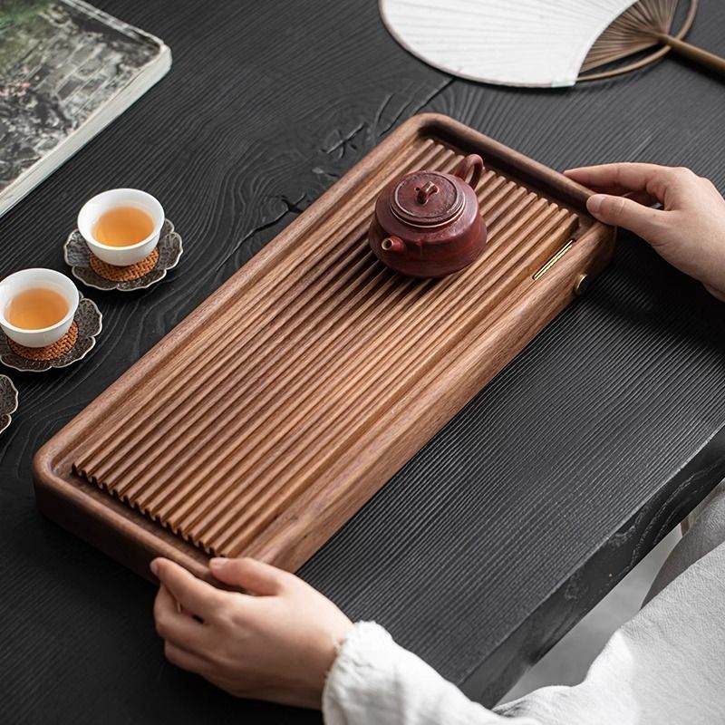 胡桃木家用新中式排水茶盘办公茶室零食水果实木托盘高档茶台配件
