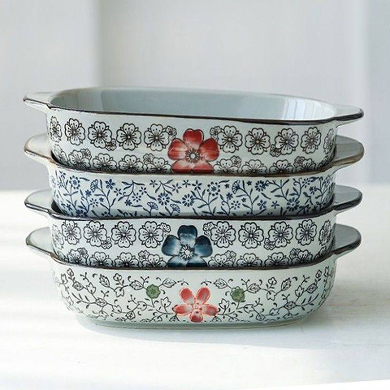 日式釉下彩双耳焗饭盘子新