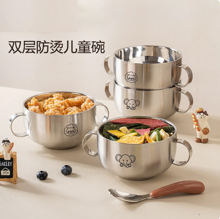 304不锈钢儿童碗宝宝吃饭专用双耳碗防烫防摔餐碗婴儿辅食碗带盖