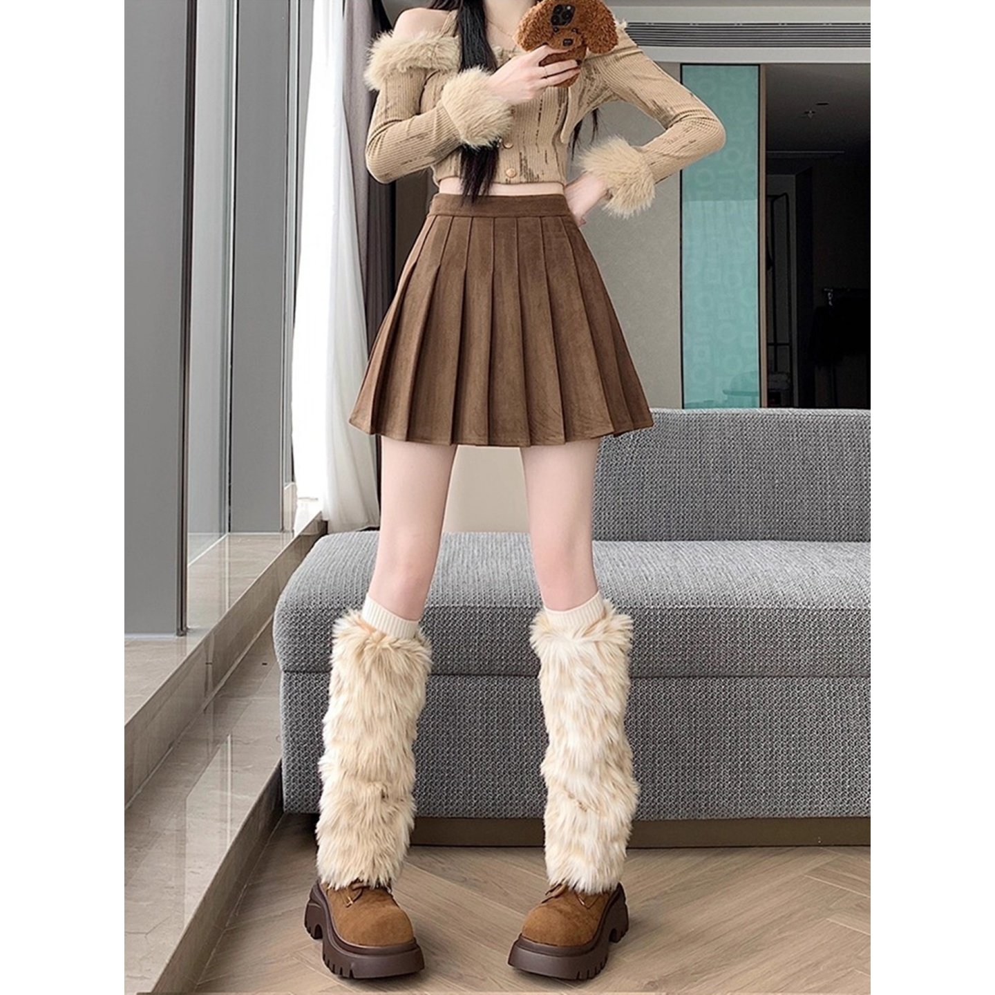 秋冬辣妹百褶皮裙高腰小个子