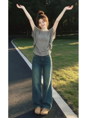 韩版灰色荷叶边正肩短袖收腰T恤女夏季新款显瘦百搭绝美圆领上衣