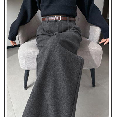 灰色加厚毛呢西装裤女秋冬保暖呢子直筒裤高腰宽松垂感拖地阔腿裤