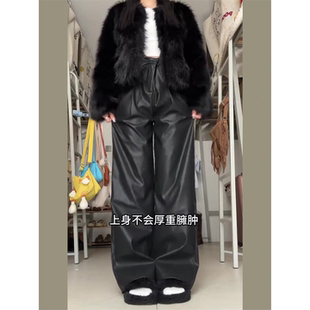 175高个子加长版阔腿pu皮裤女秋冬高腰显瘦窄版直筒拖地哑光皮裤