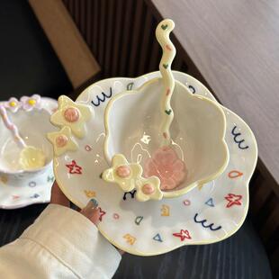 少女心浮雕釉下彩家用米饭碗盘陶瓷餐具甜品碗水果麦片沙拉碗点心