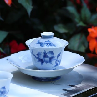 夏禾茶具釉下彩手绘青花寿桃盖碗小容量单泡茶碗茶杯壶承家用整套