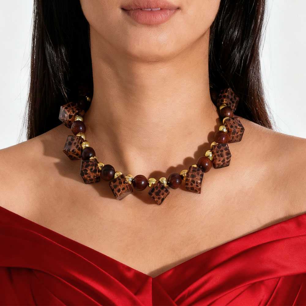 美德拉方形豹纹虎眼石串珠项链女