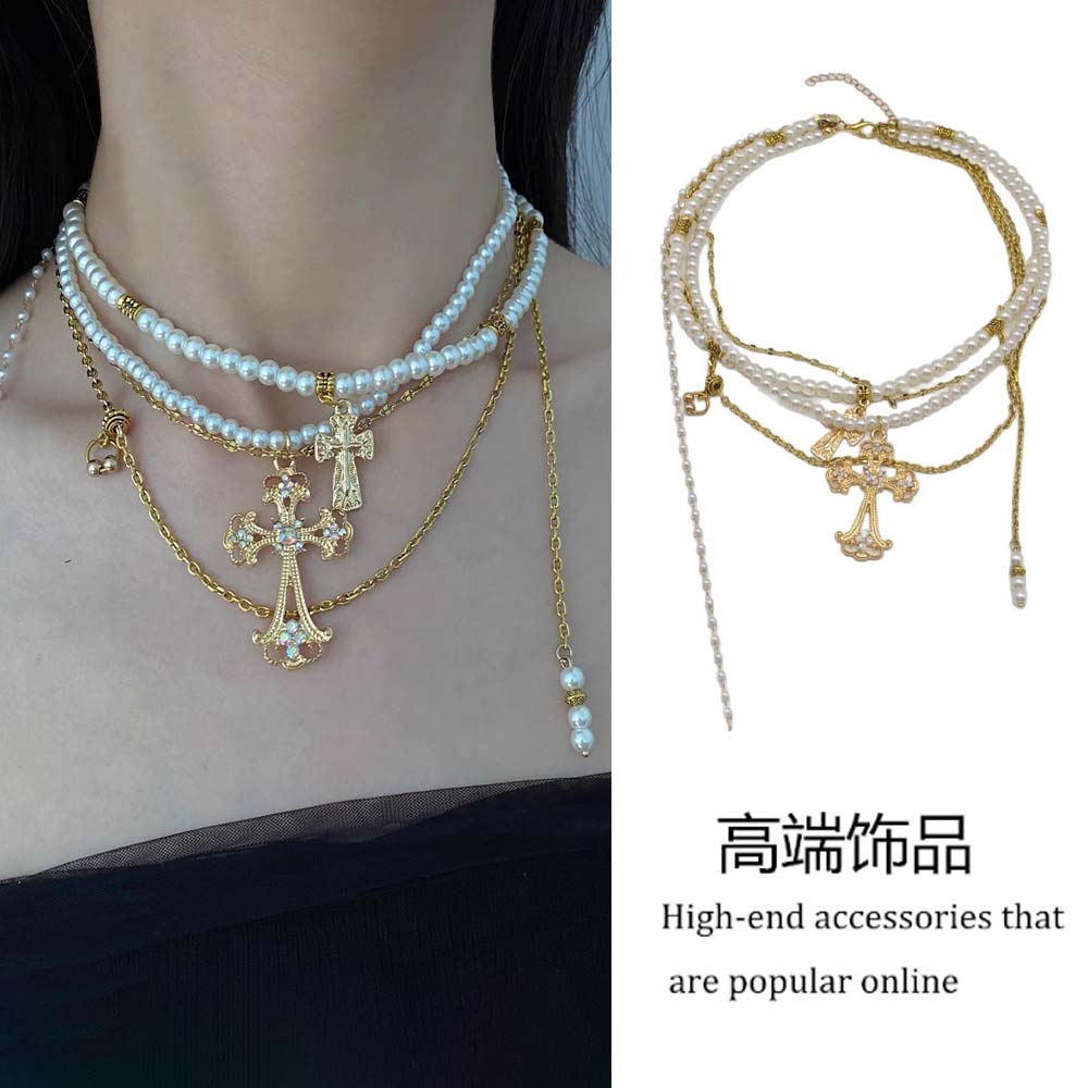 法式复古双层珍珠十字架项链女款