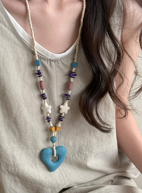 多巴胺彩色串珠火山石爱心项链女
