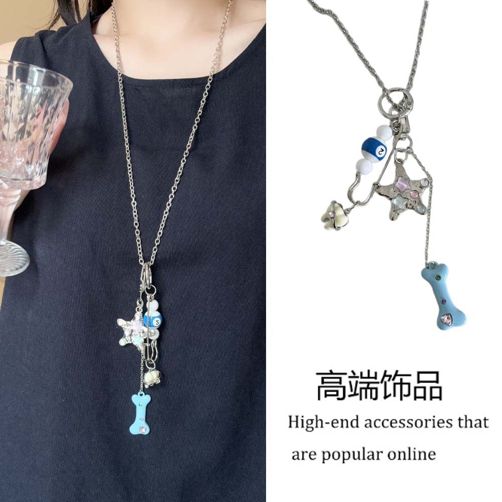 甜酷可爱ins台球牙齿骨头海星钥匙扣项链女小众百搭毛衣链锁骨链