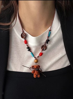 多巴胺彩色纽扣毛绒熊吊坠项链女