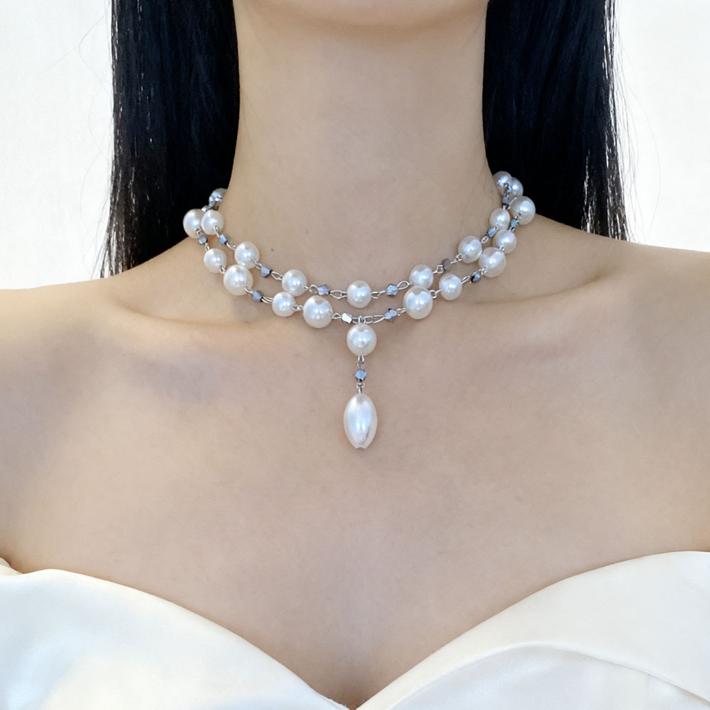 时尚甜美双层叠戴珍珠水滴项链女