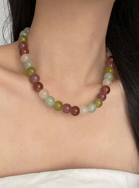 韩系简约糖果色水晶串珠项链女