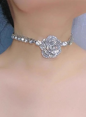 时尚复古镶钻玫瑰花项链锁骨链女