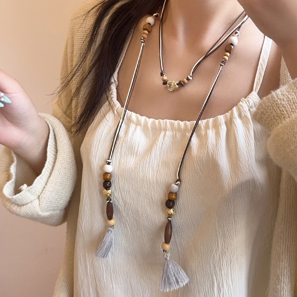 复古彩色皮绳木质串珠长款项链女