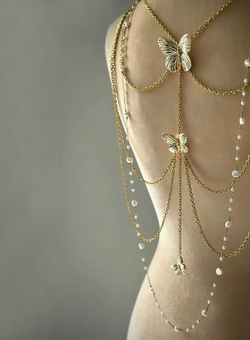 多层次蝴蝶项链身体背链珍珠腰饰