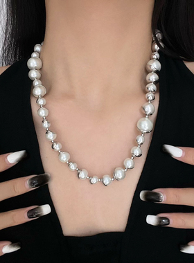 欧美不规则金属拼接珍珠项链女