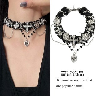 哥特朋克风十字架项圈项链女亚比配饰高级感重工爱心流苏锁骨颈链