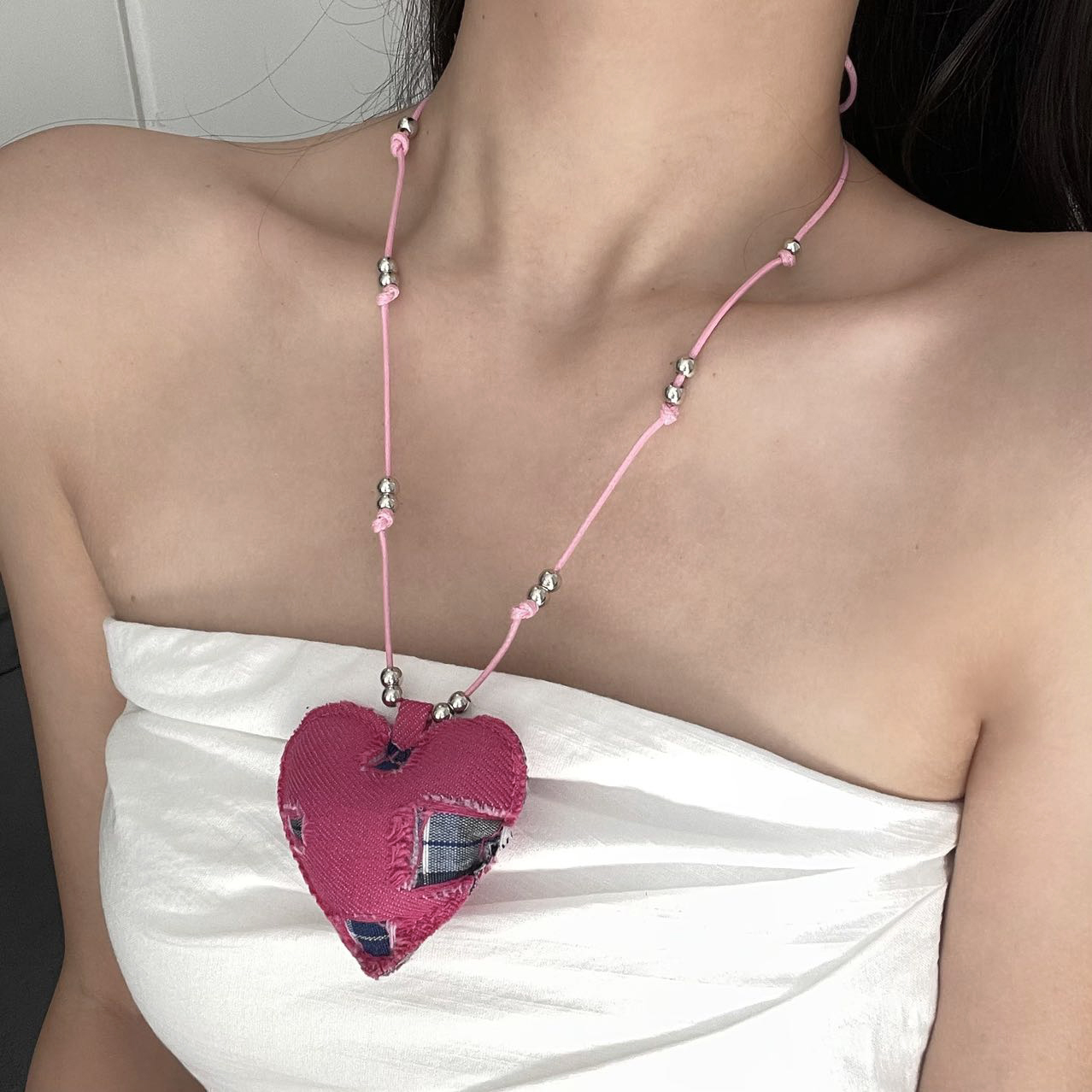 韩式新款布艺补丁爱心吊坠项链女