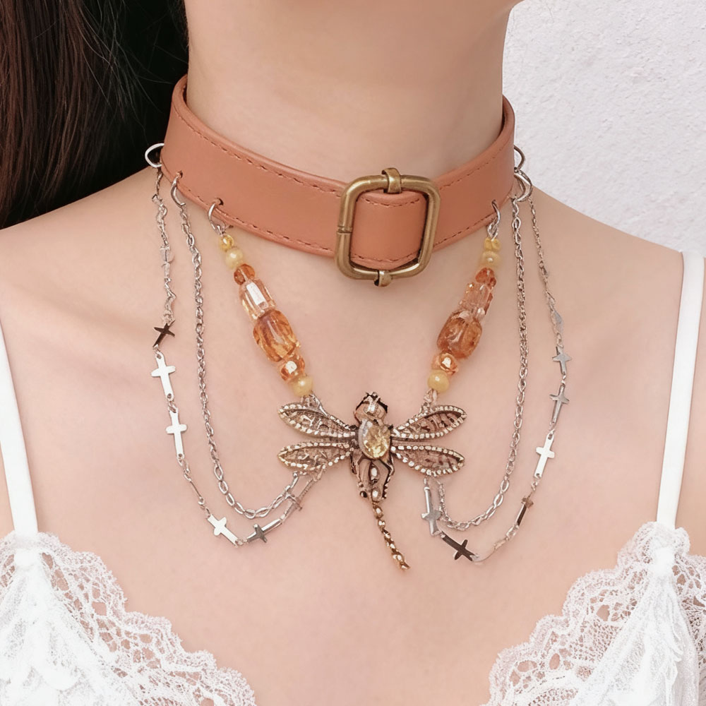 棕色皮带扣蜻蜓流苏项圈项链女亚