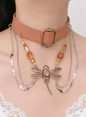 棕色皮带扣蜻蜓流苏项圈项链女亚