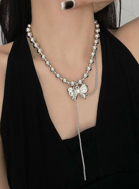 冷淡风金属圆球串珠蝴蝶结项链女