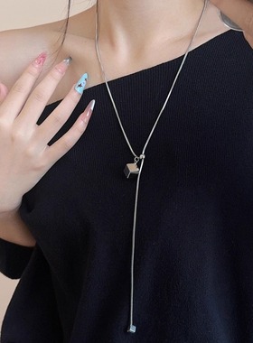 韩式简约银色方块吊坠蛇骨链项链