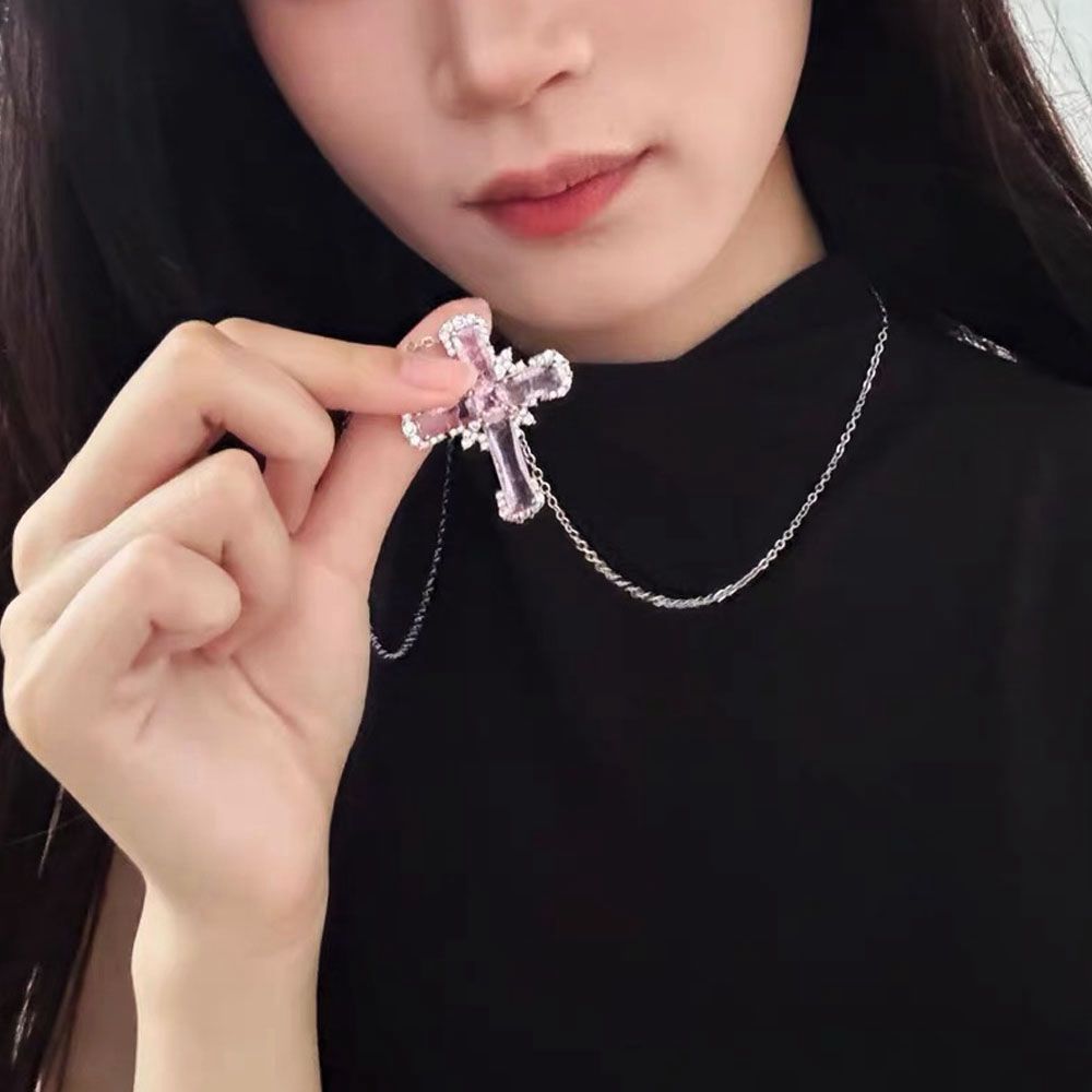 长款金属链锆石粉色十字架项链女