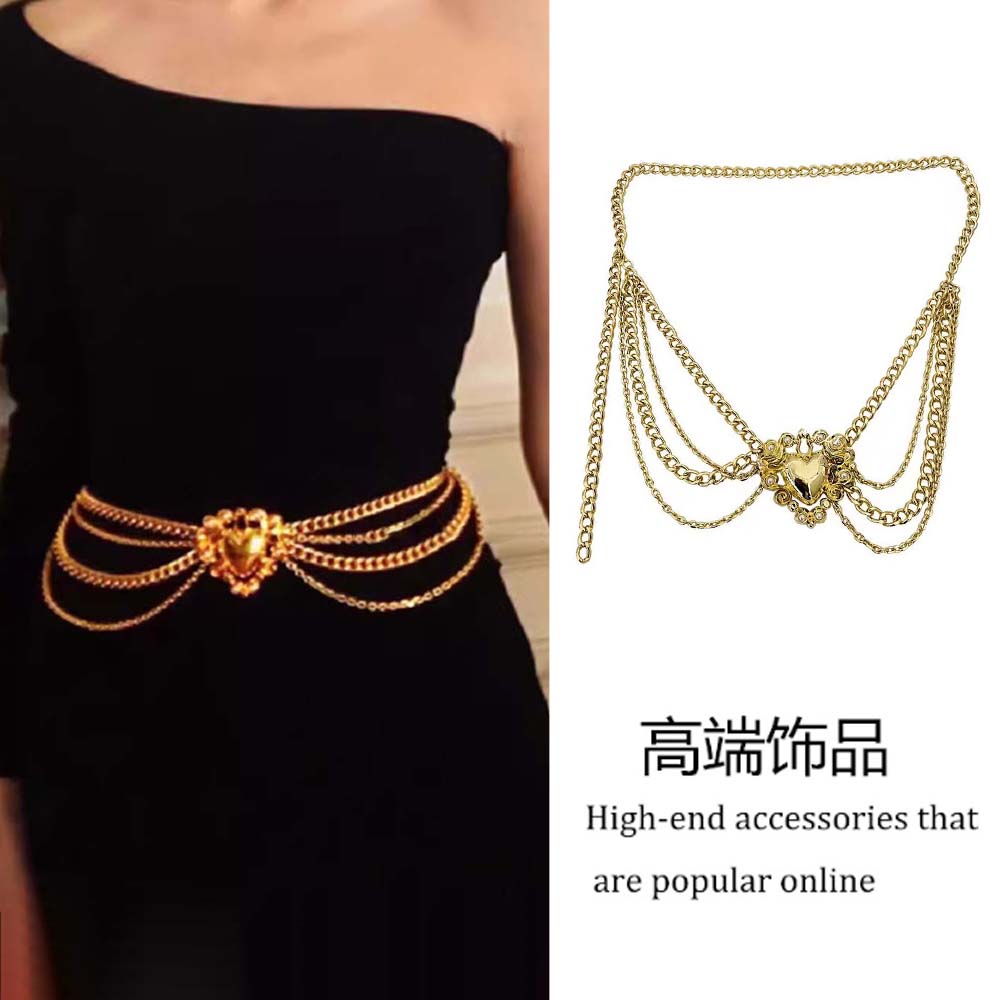 多层流苏金属镶钻爱心腰链腰带女