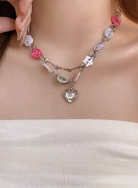 双层叠戴多巴胺彩色纽扣爱心项链