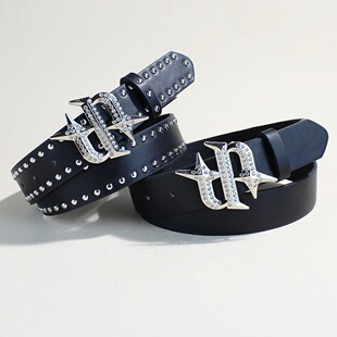 美式复古辣妹暗黑水钻腰带牛仔低腰裤带双排铆钉腰链小众设计配饰