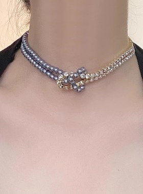 双层珍珠拼接金属闪钻打结项链女