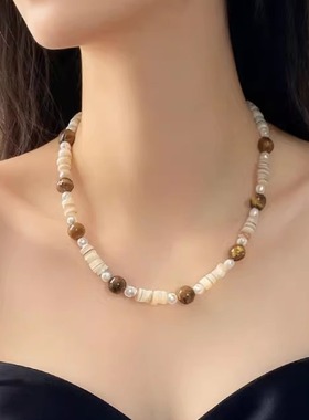 轻奢天然石串珠虎眼石拼接项链女