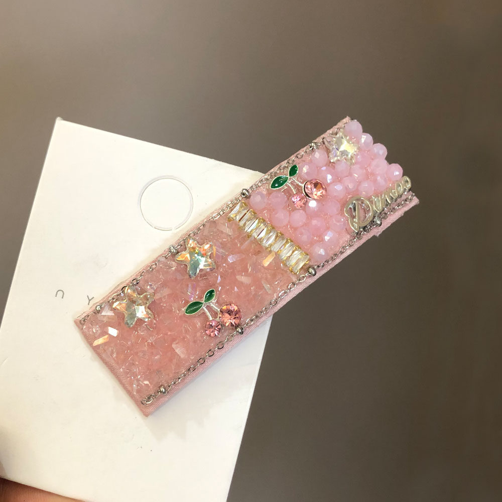 韩国粉色水晶满钻樱桃字母发夹女