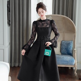 晚宴礼服长裙夏新款法式蕾丝拼接喇叭袖收腰大摆礼服连衣裙21610