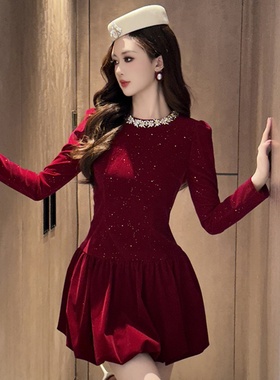 红色轻奢细闪连衣裙气质名媛收腰短裙晚宴聚会生日小礼服裙15350