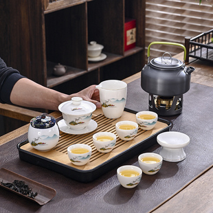 整套户外露营便携酒精烧水壶白瓷泡茶器收纳包 羊脂玉旅行茶具套装