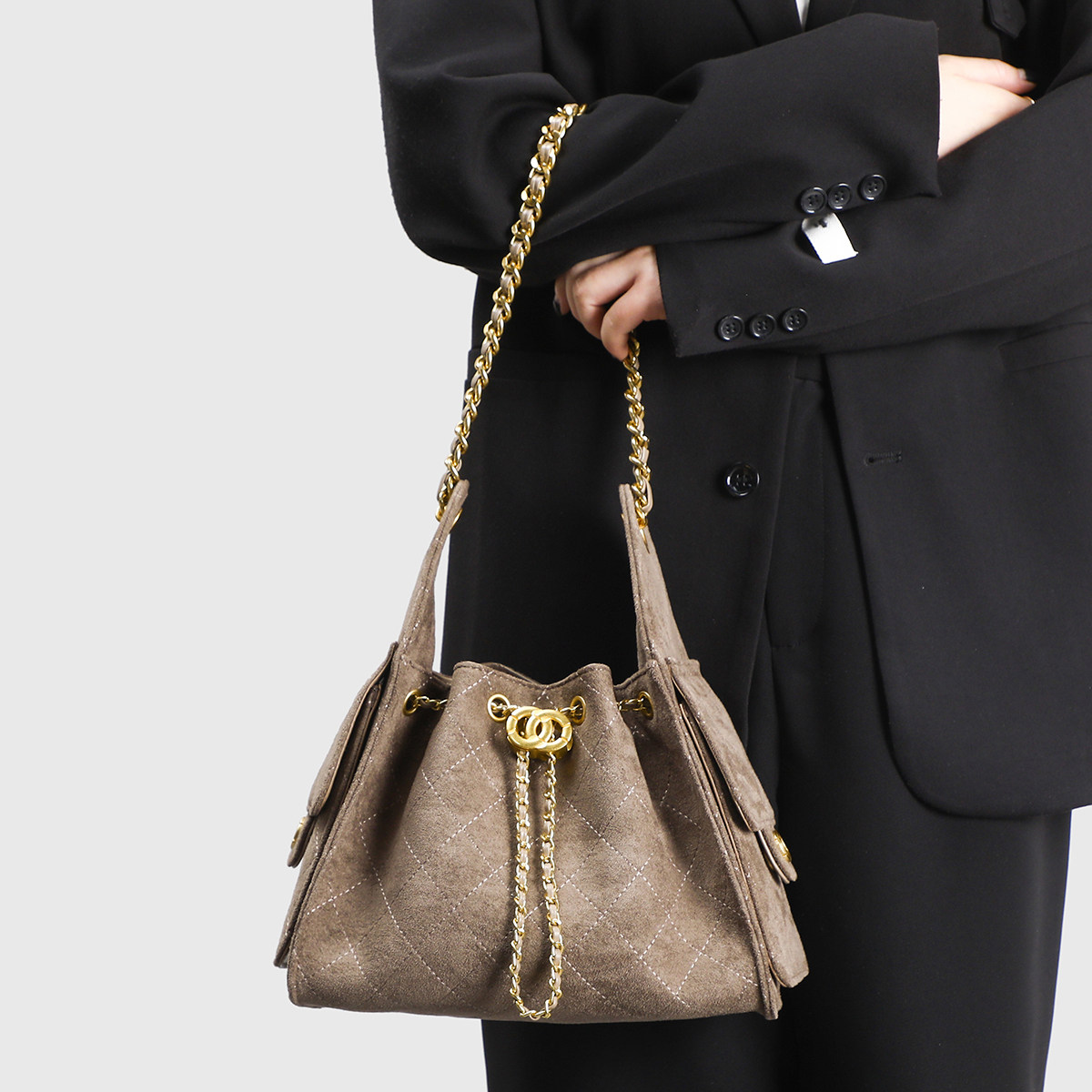 小香风25c磨砂牛皮菱格链条包女通勤hobo水桶包麂皮绒单肩腋下包,箱包皮具/热销女包/男包,托特包,淘宝优惠券,粉丝福利购,淘宝优惠卷