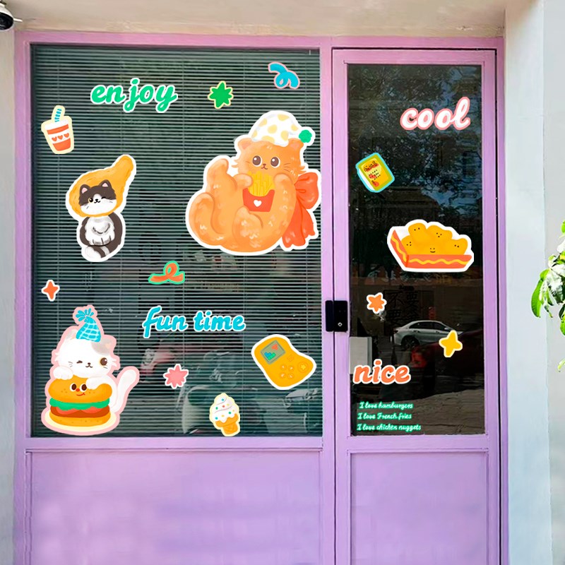 ins风汉堡炸鸡店网红猫咪插画贴纸宠物店玻璃门橱窗创意卡通装饰图片