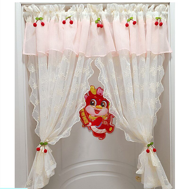 24新款甜美风门帘半帘免打孔刺绣蕾丝纱帘公主卧T室小窗户装饰短