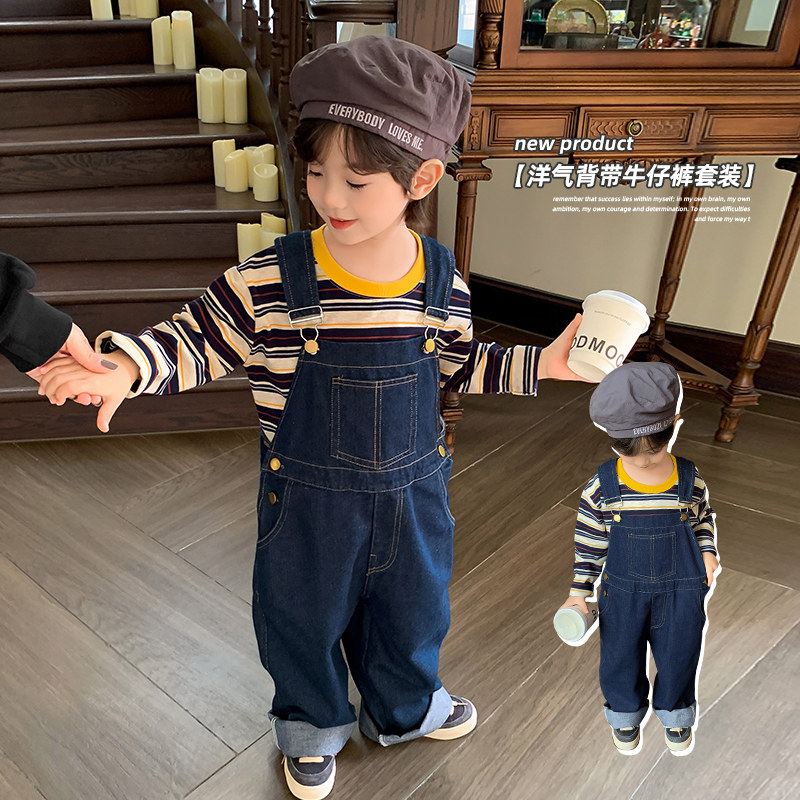 男童牛仔背带裤套装春秋款2024新D款洋气儿童宝宝背带裤帅气中小