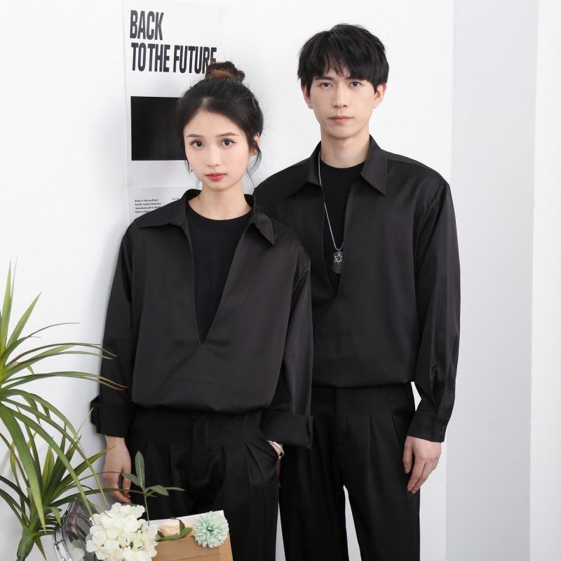 酒吧发型师理发店廊时尚商务美发师秋冬长袖衬衫工作服男定制logo