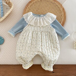 韩版秋冬新款女宝宝连体衣套装周岁小月龄打底背带裤加绒冬装爬服