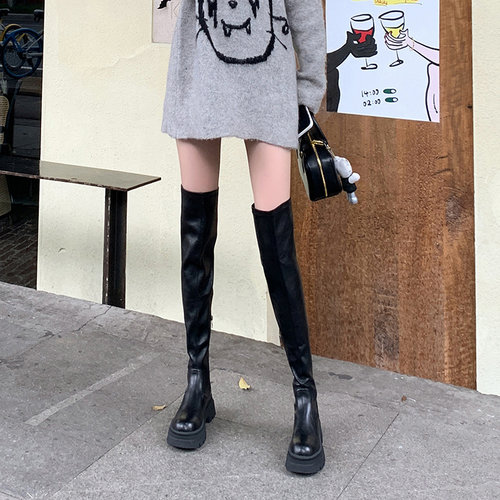 不二橘 显瘦厚底过膝靴女2025新款长筒靴女小个子粗跟弹力瘦瘦靴
