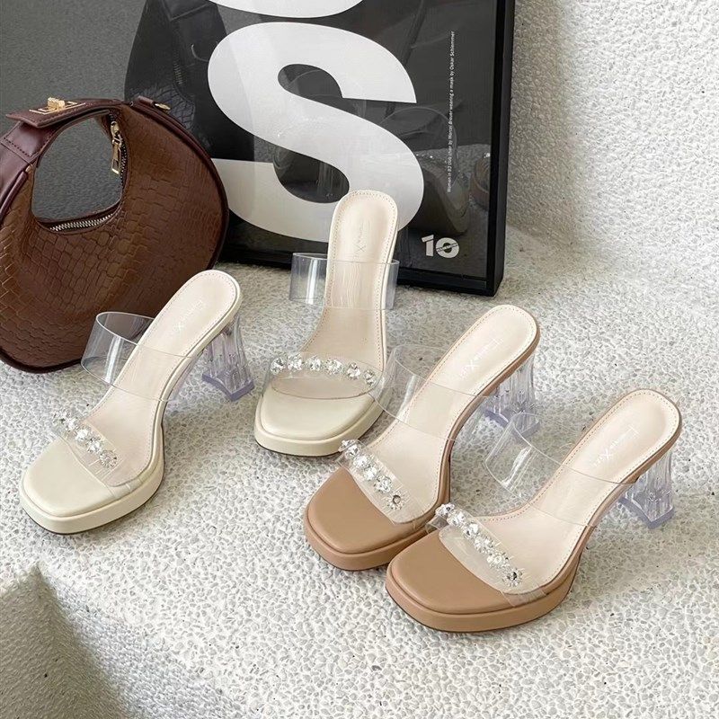 2024法式水钻透明水晶跟拖鞋女一字带高级感粗跟鞋高跟鞋外穿凉拖,女鞋,一字拖,淘宝优惠券,粉丝福利购,淘宝优惠卷