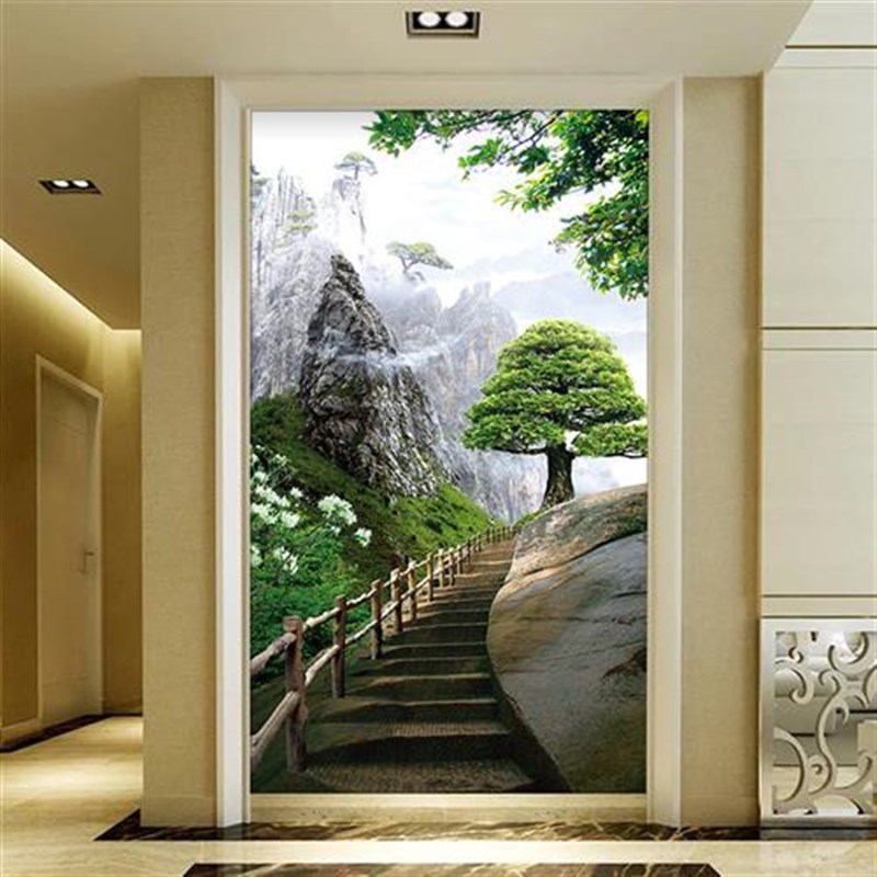 38D立体玄关过道壁纸走廊黄山z风景壁画迎客松墙布定制5d背景墙纸
