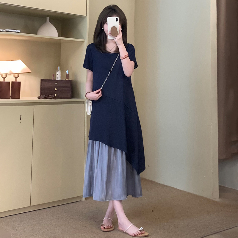 小个子短袖拼接连衣裙2025新款今年流行爆款裙子女夏显瘦遮肉长裙