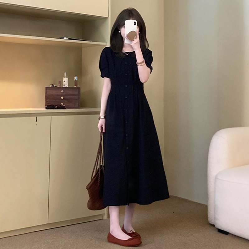 小个子短袖连衣裙2025新款裙子女夏今年流行爆款法式褶皱收腰长裙